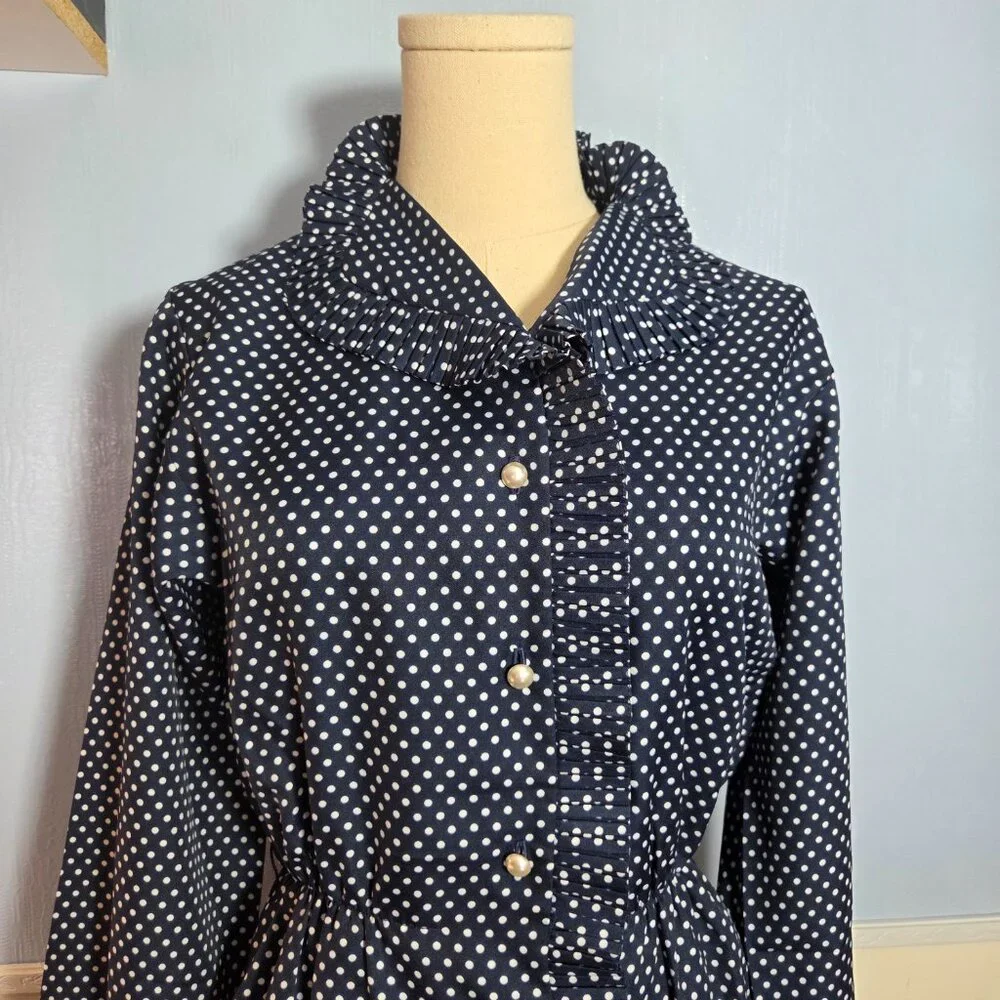 Vintage Abe Schrader Size 10 Navy Blue Polka Dot Peal Ruffle Long Dress - Picture 2 of 9